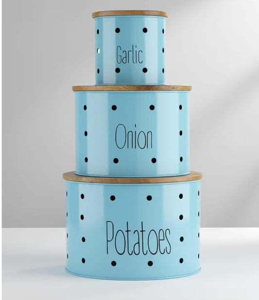 Metal Canister Potato Onion & Garlic Set of 3 with Wooden Lids