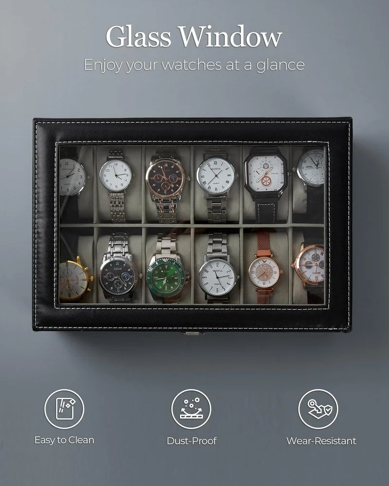 Men's Women's 12 Slots Watch Box PU Leather Watches Display Case Storage Box Holder