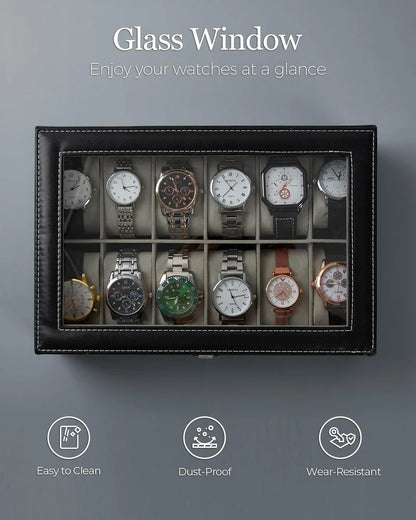 Men's Women's 12 Slots Watch Box PU Leather Watches Display Case Storage Box Holder