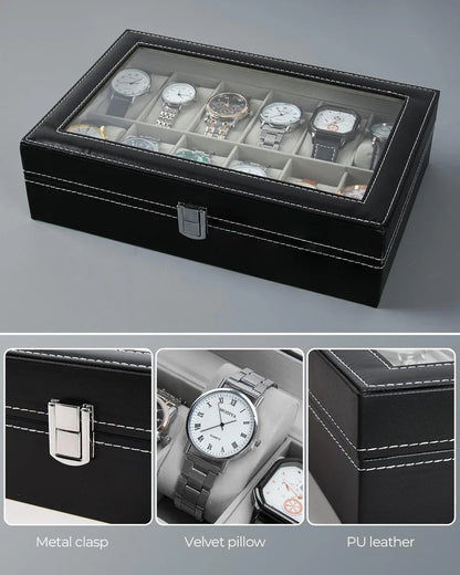 Men's Women's 12 Slots Watch Box PU Leather Watches Display Case Storage Box Holder