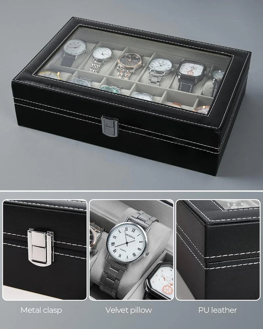 Men's Women's 12 Slots Watch Box PU Leather Watches Display Case Storage Box Holder