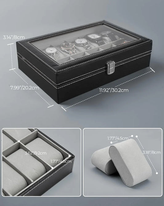 Men's Women's 12 Slots Watch Box PU Leather Watches Display Case Storage Box Holder