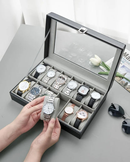 Men's Women's 12 Slots Watch Box PU Leather Watches Display Case Storage Box Holder