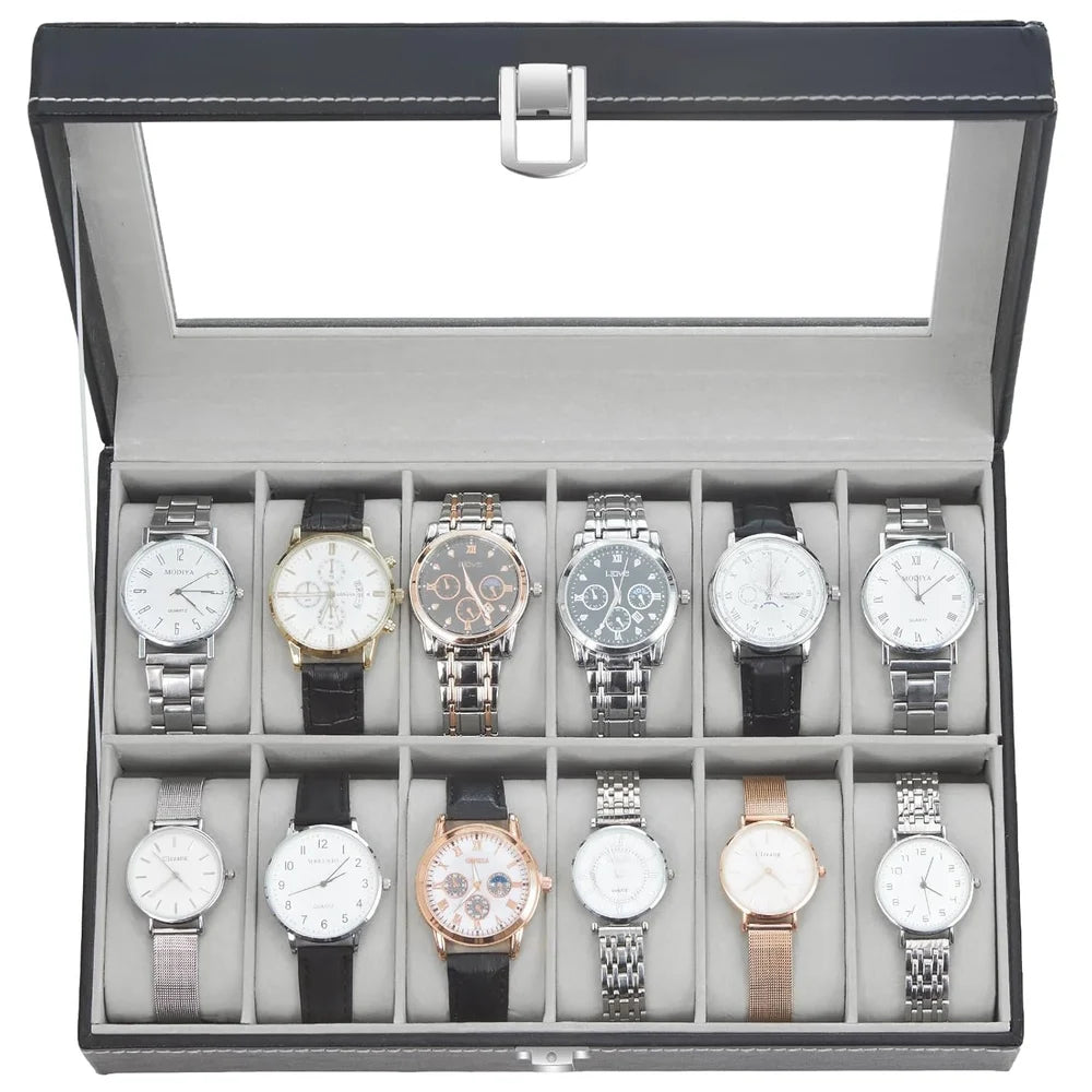 Men's Women's 12 Slots Watch Box PU Leather Watches Display Case Storage Box Holder