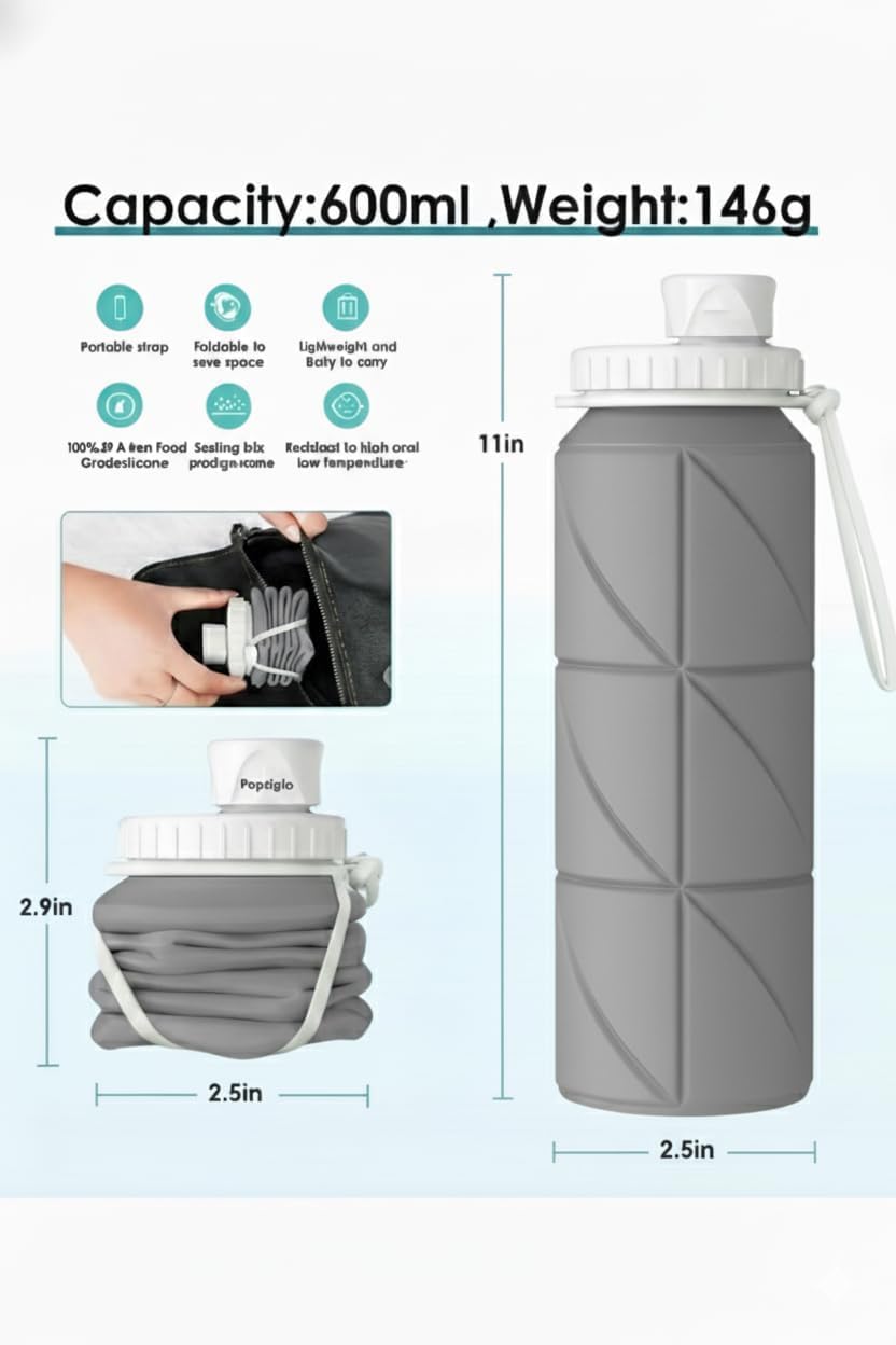 Foldable, Collapsible Silicone Water Bottle 600ml  BPA Free