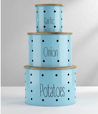 Metal Canister Potato Onion & Garlic Set of 3 with Wooden Lids