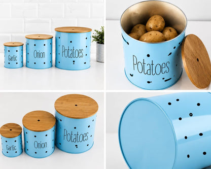 Metal Canister Potato Onion & Garlic Set of 3 with Wooden Lids
