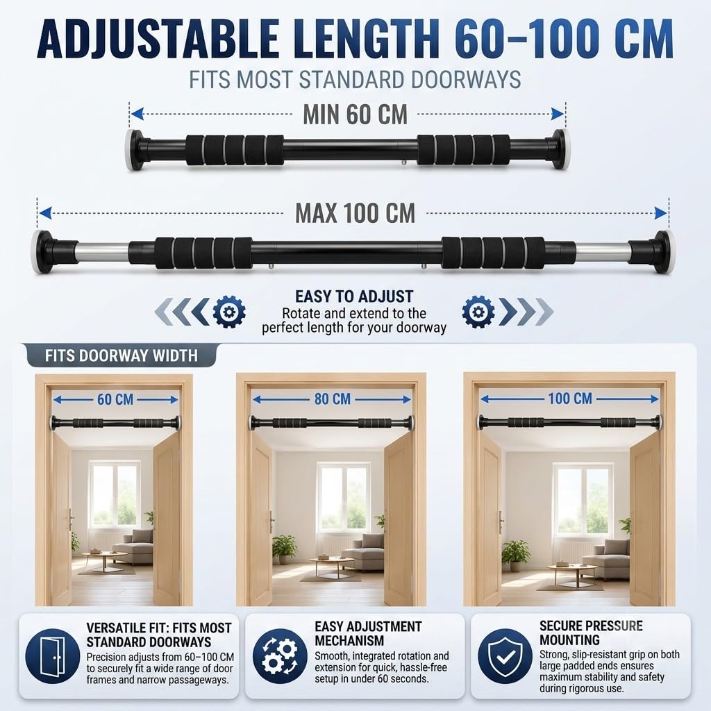 100 kg adjustable no screw pull up bar For Home (62-100cm) Kids & Adults