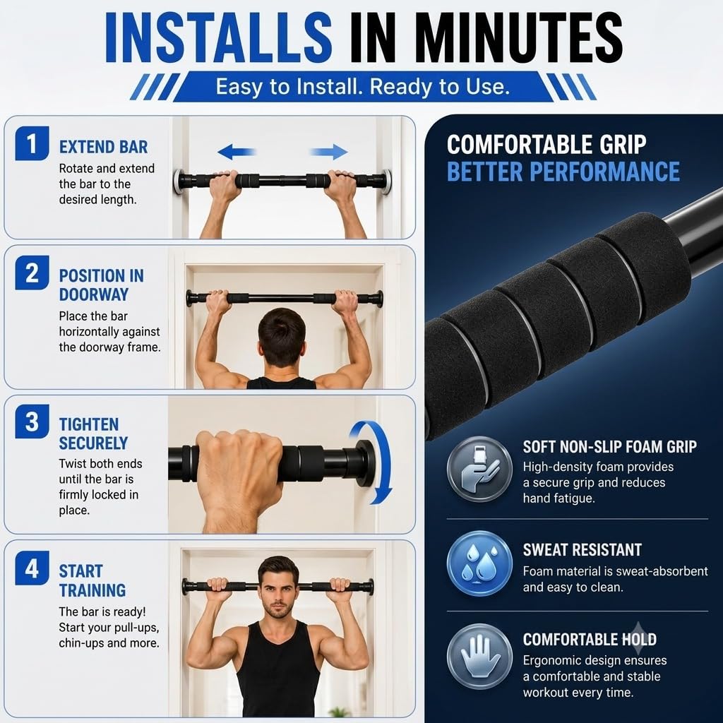100 kg adjustable no screw pull up bar For Home (62-100cm) Kids & Adults