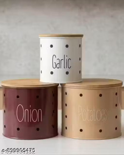 Metal Canister Potato Onion & Garlic Set of 3 with Wooden Lids