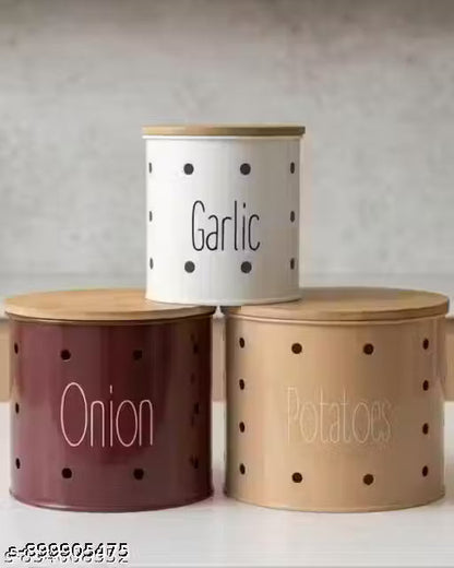 Metal Canister Potato Onion & Garlic Set of 3 with Wooden Lids