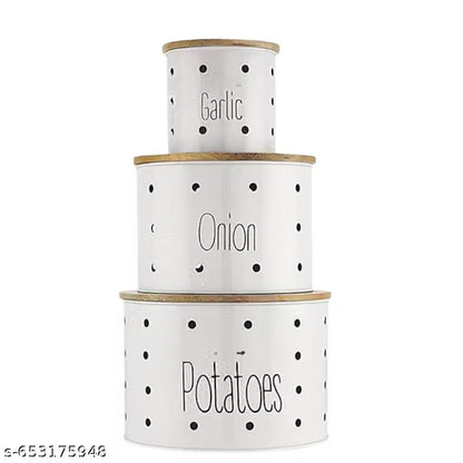 Metal Canister Potato Onion & Garlic Set of 3 with Wooden Lids