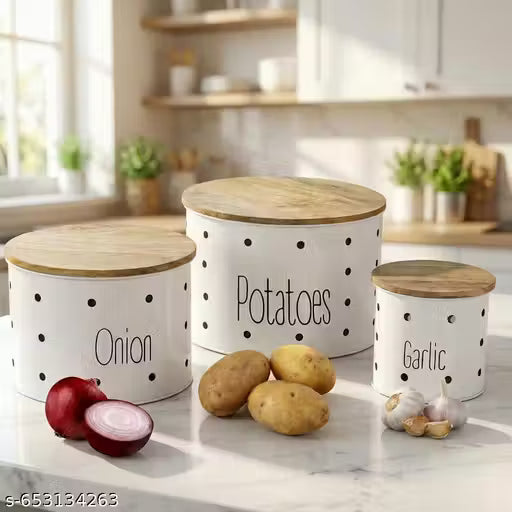 Metal Canister Potato Onion & Garlic Set of 3 with Wooden Lids