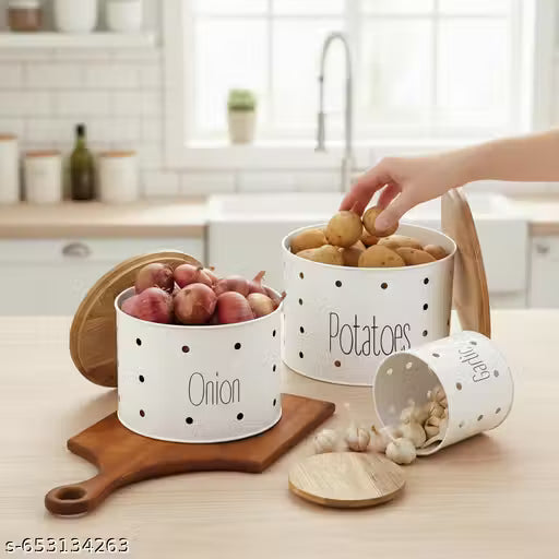 Metal Canister Potato Onion & Garlic Set of 3 with Wooden Lids