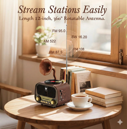 Vintage Gramophone Style Retro Radio Speaker, Wood Finish