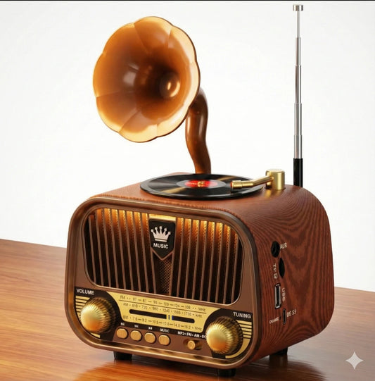 Vintage Gramophone Style Retro Radio Speaker, Wood Finish